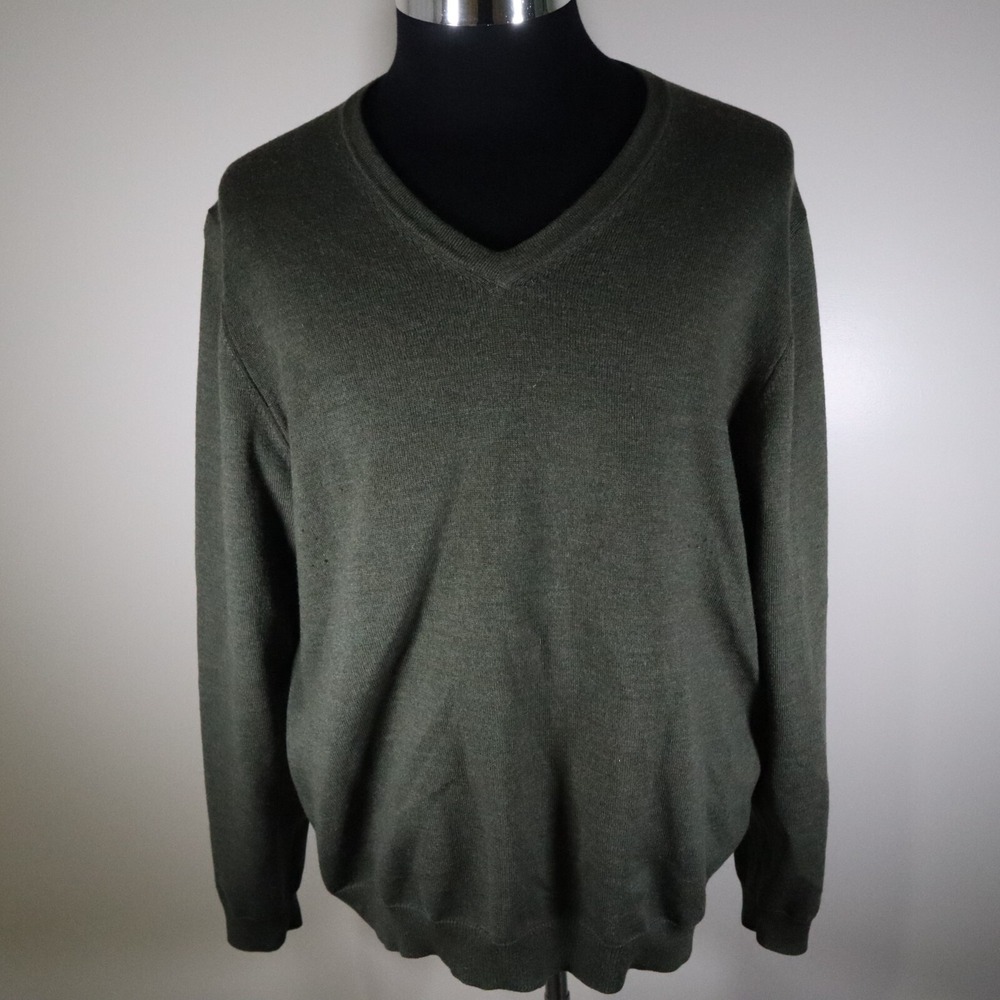 Brooks Brothers Sweater Mens Large Stretch Merino Wool V-Neck Green Long Sleeve‎